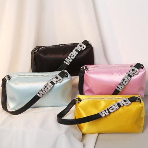 Wriufred Letter WANG rhinestone bag summer new style silk satin portable small square bag ladies underarm bag female handbag