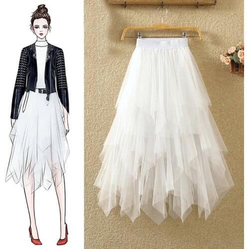 Skirts Womens Tulle Faldas Mujer Moda 2021 Fashion Elastic High Waist Mesh Tutu Maxi Pleated Long Midi Saias Jupe Womens Skirt