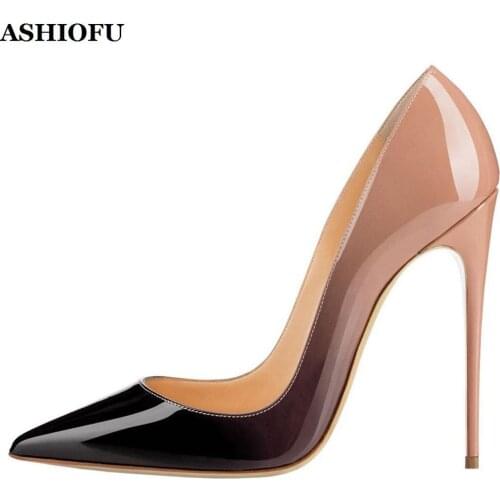 ASHIOFU Handmade Women Super-heel Pumps Patent Gradient Leather Party Office Dress Shoes Pointy Sexy Club Evening Fashion Shoes