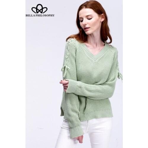 Bella Philosophy women autumn winter cold shoulder lace-up long sleeve V neck sweater pullovers