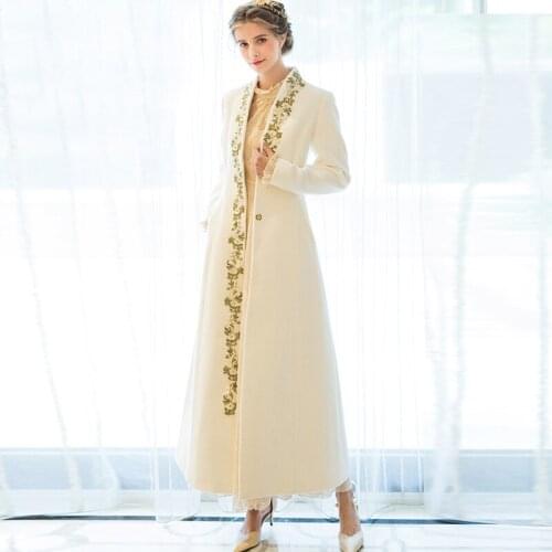 Fall Winter Women Female Embroidery Beige Green Red Lace Patchwork Wool Long Coat , Overcoat for Woman , Womens Woolen Coats