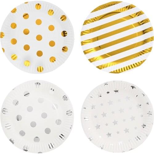 10 pcs/lot 7inch Foil Gold Dot Birthday Wedding Party Supplies Decoration Cake Dish Disposable Paper Plates Baby Shower Favors