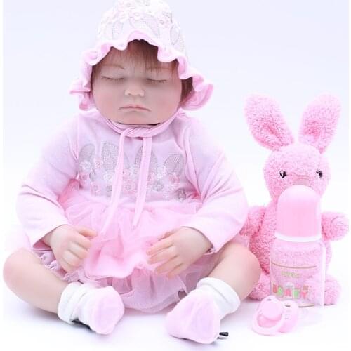 48cm Cloth Body Lifelike Toddler Sleeping Baby Girl with Pink Plush Rabbit Best Kids Birthday Gifts Silicone Reborn Baby Dolls