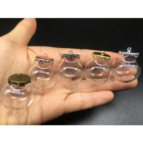 5sets 25*15mm round transparent glass globes with 5 colors metal crown base tray jewelry necklace vial pendant wishing bottles