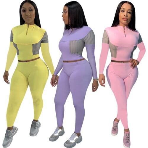 Adogirl Sweatsuits Women Fashion Casual Skinny Two Piece Set Patchwork Zipper Long Sleeve Top and Pants Fall Clothes Plus Size