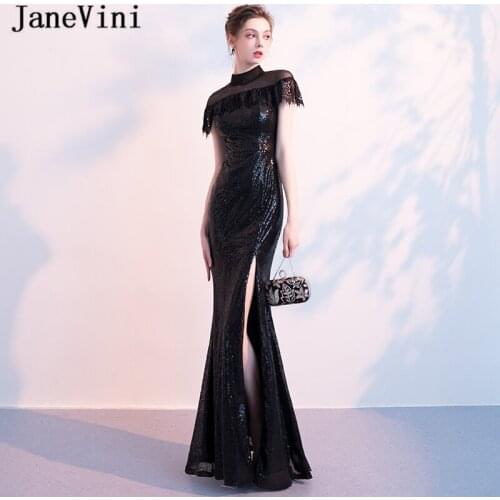 JaneVini Sparkly Black Sequins Long Bridesmaid Dresses Mermaid High Neck Sleeveless Zipper Back Floor Length Vestido Largo Negro