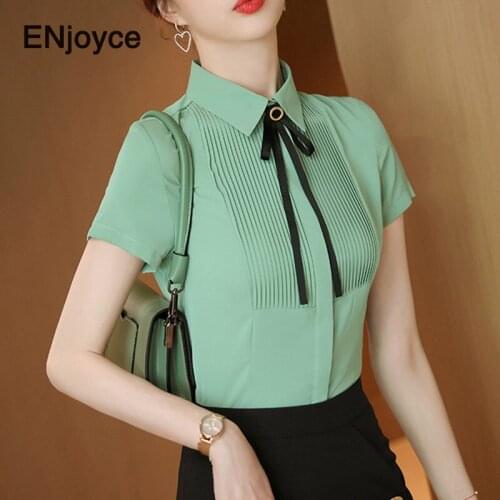 Summer Green Short Sleeve Blouse Women Button Up Collar Shirt Bussiness Professional Holtel Office Ladies Tops Clothing