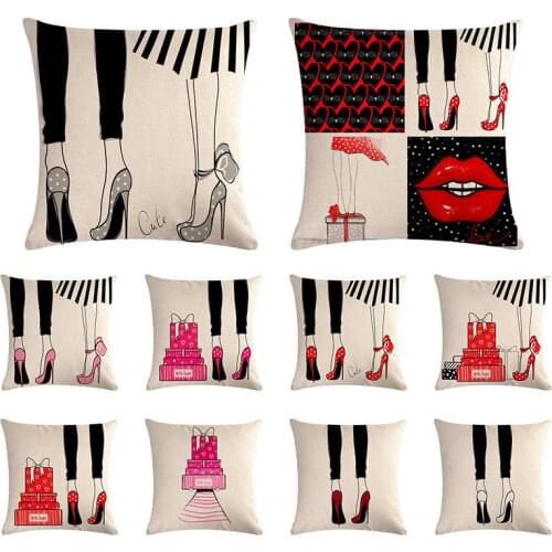 Cartoon high heels pattern cushion cover high heels pink red pillow cover linen sofa car chair fashion decoration 45x45cm