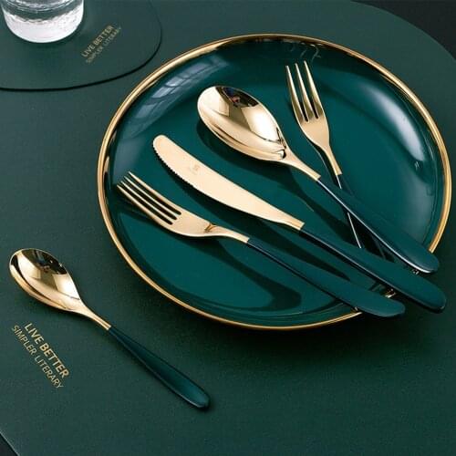 Hot sale crescent shape craft cutlery gold style green knife 304 stainless steel fork spoon 4pcs tableware set eco friendly
