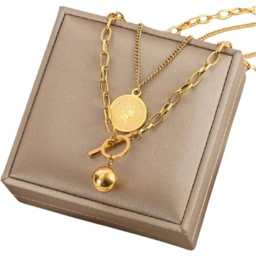 316L Stainless Steel Round Brand Clavicle Chain Stackable Necklace Coin Hip Hop Multilayer Necklace