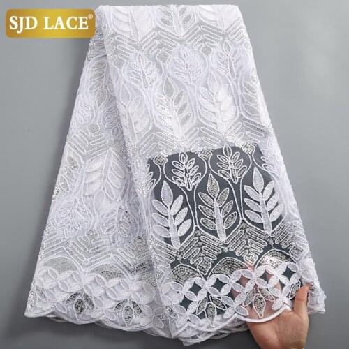 SJD LACE Pure White Mesh Material African Lace Fabric With Sequins French Tulle Lace Fabric Embroidery Soft Dress For Sew A2466
