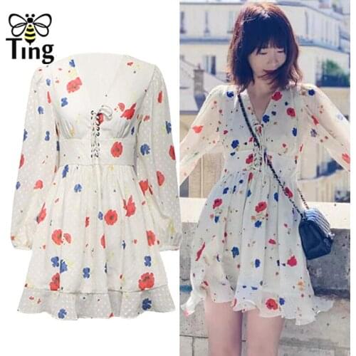 Tingfly New Arrivals Fashion Lace Up V neck Mini Dress Floral Print Ruffles Hem Full Sleeve Spring Autumn Short Dress Casual