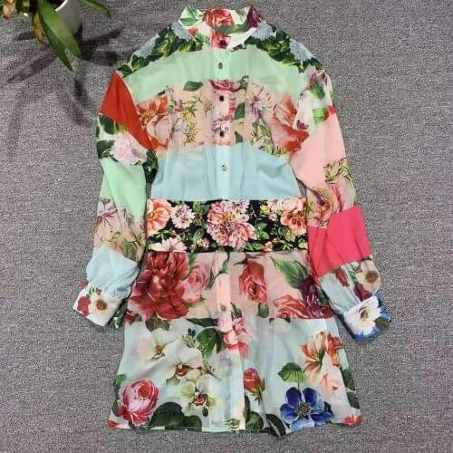 Runway Fashion Chiffon Spring Summer Long Sleeve Scarf Rose Flower Print Beading Diamonds Belt Loose Mini Dress