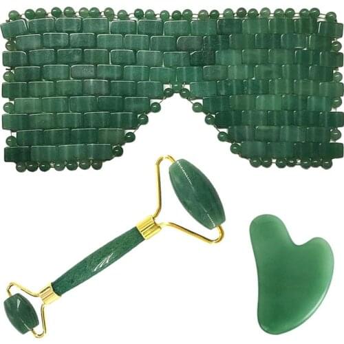 Natural Jade Eye Mask Jade Roller Guasha Board Set Aventurine Roller Eye Massager And Face Lifting Roller Beauty Skin Care Tool