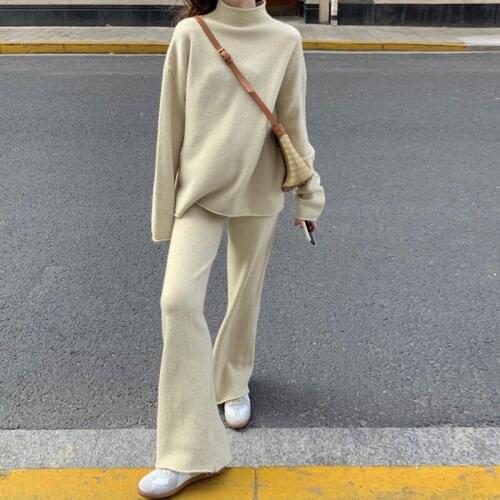 New Korean Knitted Tracksuit Womens Suit Autumn Winter Solid Women Pullover Turtleneck Sweater+Knit Wide Leg Pant Two Piece Set