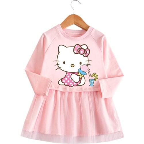 Sanrio Hello Kitty 2021 spring and autumn new girls dress cartoon long-sleeved mesh skirt baby princess dress