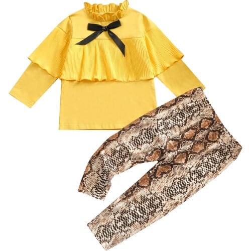 Infant Kids Baby Girls Casual Two-piece Clothes Set, Yellow Stand-up Collar Pullover and Snake Printed Pattern Pants 1-5T
