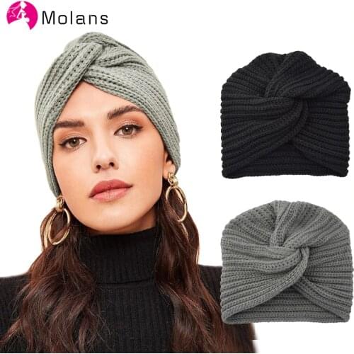 MOLANS New Knot Bandanas Turban Headband 2020 Autumn Winter Warm Knitting Turban Cap Solid Center Cross Women Hair Scarfs
