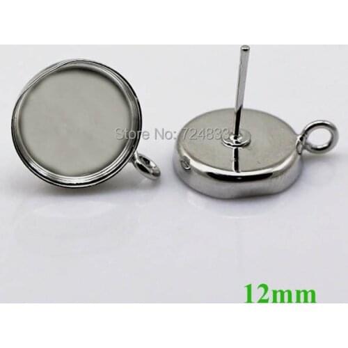 Blank Earrings Bases w/ 12mm Round Deep Wall cups Bezel w/ a Loop Cabochon Stud Earrings post Settings Findings Rhodium tone