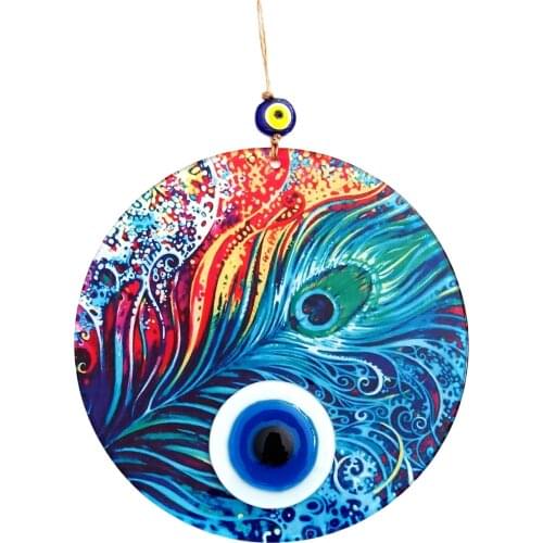 Feather Pattern, 23 Centimeter, Fusion Glass, Handmade Evil Eye Bead Wall Decoration