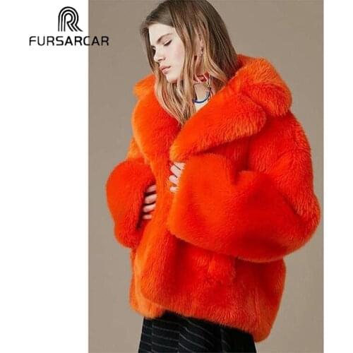 FURSARCAR Orange Fox Fur Real Fur Coat Luxury Women Fur Jacket Winter Thick Warm Full Sleeve Solid Fur Outwear Fashion