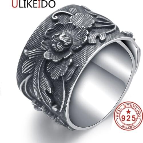ULIKEIDO Real 999 Sterling Silver Rings For Women Man Lover Party Vintage Flower Thai Silver Jewelry Unisex Gift Wide Size Fine