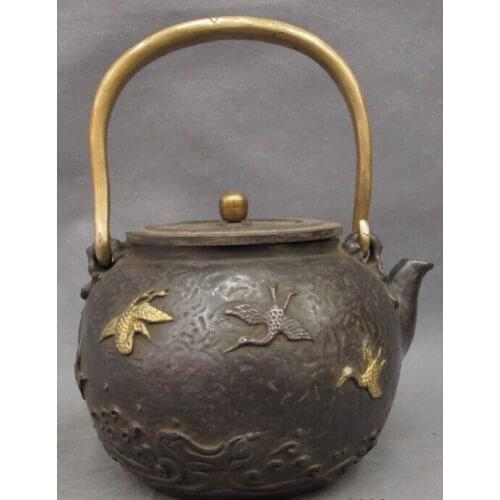 USPS to USA S1221 Folk Chinese Bronze FengShui Fly Bird Crane Statue Handle Wine Pot Teapot Flagon