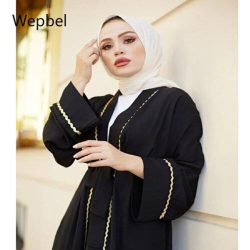 Wepbel Islamic Clothing Ramadan Kimono Robe Muslim Long Abaya Dress Women Gold Ribbon Cardigan Robe Elegant Long Sleeve