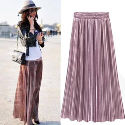 Spring Summer Pleated Skirt Womens Vintage High Waist Skirt Solid Long Skirts New Fashion Metallic Skirt Female