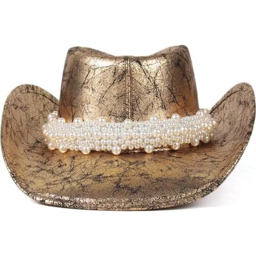 Women Leather Western Cowboy Hat Gold Rill Brim Jazz Hat Sombrero Hombre Cowgirl Hat Pearl Belt Size 58-59CM