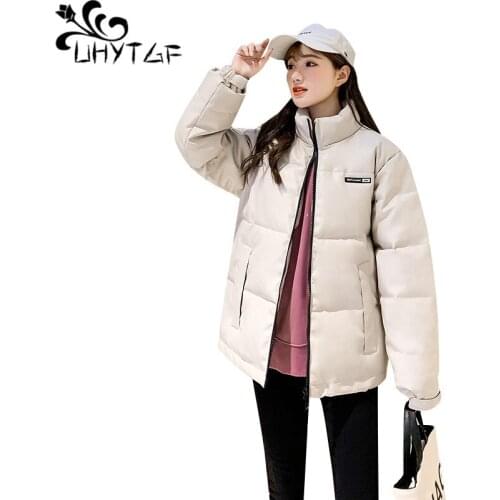 UHYTGF Winter Parker leather jacket women quality PU leather Waterproof cotton coat Korean casual short jacket 2XL plus size1794