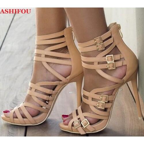 ASHIOFU Handmade Womens High Heel Sandals Cross Buckle Strap Peep-toe Party Summer Shoes Daily Wear Evening Fashion Sandals