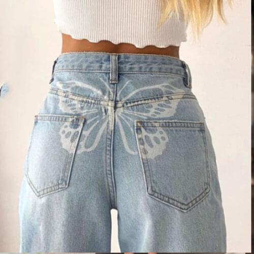 FANAN Fashion Butterfly Print Denim Jeans High Rise Jeans Women Straight Jeans Streetwear Bottom Pants Spring 2021
