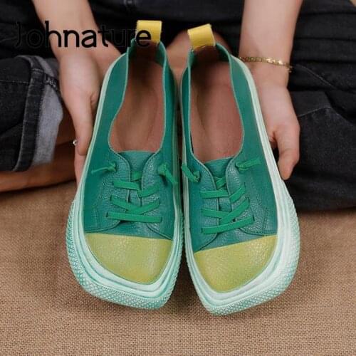 Johnature Genuine Leather Shoes Women Sneakers Mixed Colors 2021 New Summer Retro Handmade Fashion Concise Lesiure Women Shoes