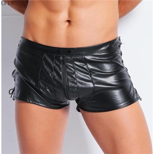 Sexy Men Black Faux Leather Boxer Shorts Open Pouch Bag Underwear Erotic Bulge Man Underpants Jockstraps String Boxers