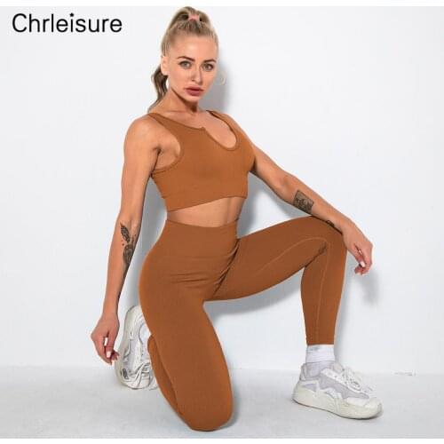 CHRLEISURE Seamless Sport Set Women Sexy High Waist Elastic Workout Suit Sleeveless Push Up Fitness Bras Two-Piece Sets Female