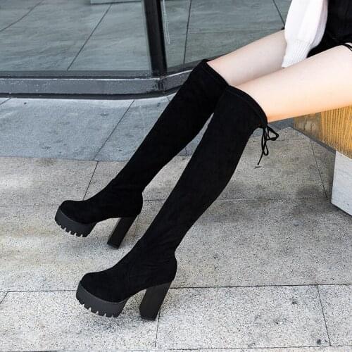 2019 Winter Sexy Knee Boots Tight Stovepipe Knight Boots Suede Round Toe Combat Boots for Women Trend Velvet Warm Womens Boots