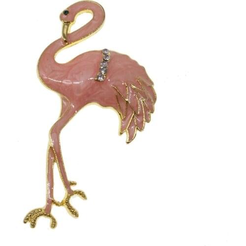 100pcs/lot Fashion Summer Jewelry Gold Tone Flat Back Flamingo Bird Brooches For Women Pink Enamel Rhinestone Pin Brooch