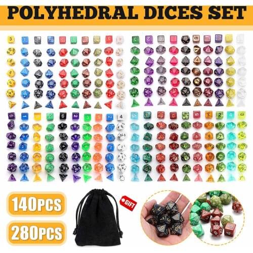 140Pcs/280Pcs Polyhedral Dice Set TRPG Mixed Color Dices D4-D20 for RPG Board Games Gaming + Storage Bags