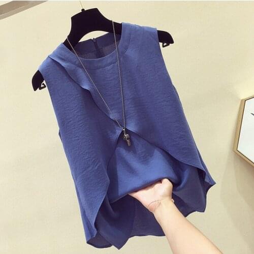 Asymmetrical Chiffon Women Blouse Summer New 2021 Solid Sleeveless Slim Elegant Office Lady Pulls Outwear Tops
