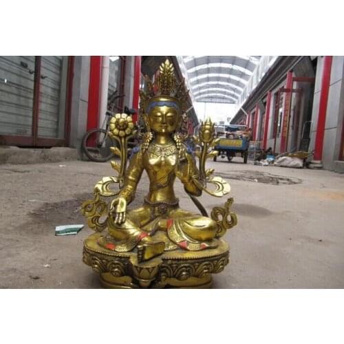 Free Shipping 45cm Tibet Folk Cloister Bronze Copper Gild Green TaRa Kwan-Yin Guanyin Buddha Statue