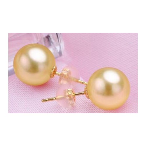 Free shipping>>>>noble jewelry gorgeous pair of round 10-11mm south sea gold pearl earring 14k