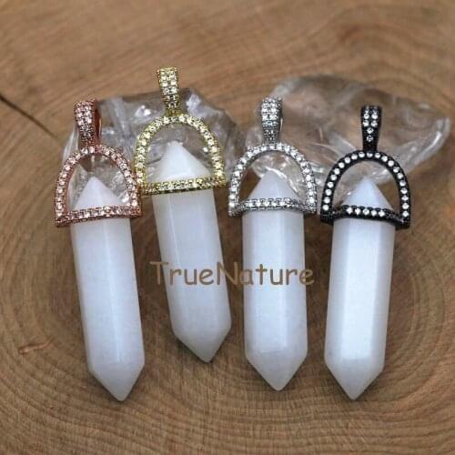 CZ Paved Bail Cap Charm, Double Terminated White Jades Pendant, Healing Amazing Crystal Gems Stone Point In 45*10 mm PM7422