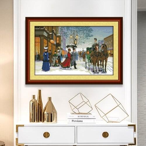 Joy Sunday Winter Exotic Street Scene Cross Stitch Kit Line Embroidery Dusk Landscape Picture DIY Hand Embroidery Fabric Crafts