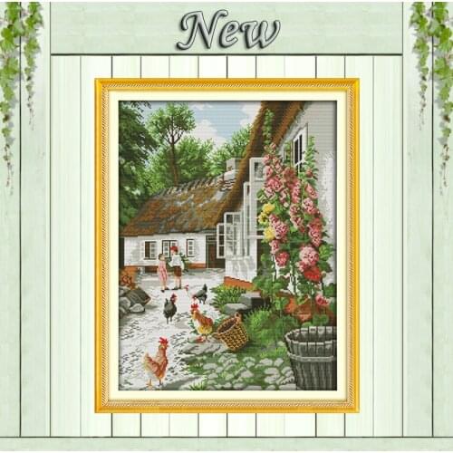 Farmyard flowers cock home decor paintings counted print on canvas DMC 14CT 11CT DIY Cross Stitch Embroider kits Needlework Sets