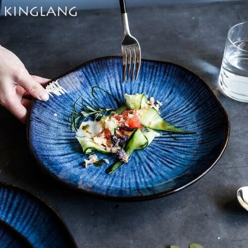 KINGLANG Klin Glaze Blue Color Ceramic Tableware Wholesale Breakfast Dinner Plate Big Flower Shape Dishes