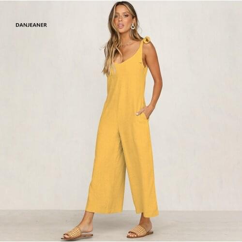 DANJEANER Womens Solid Cotton Linen Wide Leg Jumpsuits Summer Casual Loose Sleeveless Backless Overalls Streetwear Playsuit