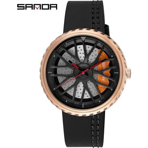 Mens Quartz Watch Personality Car Wheel Dial Leather Strap Mens Outdoors Sport Wristwatch Waterproof relogio masculino SANDA