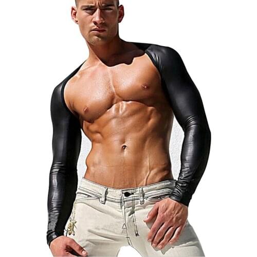 New Fashion Mens Sexy Black Long Sleeve Faux Leather Tops Lingerie Mesh Stage Show Tight Sleeves Sports Fitness Clothes