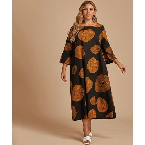 4XL Loose Oversized Dress Women Autumn O Neck Long Sleeve Geometric Print Casual Long Dress Plus Size Women Clothing